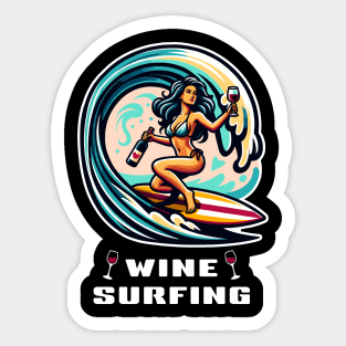 Wine Surfing funny t-shirt surfer woman in gorgeous bikini rides an ocean wave holding a wine bottle and a glass of wine Sticker